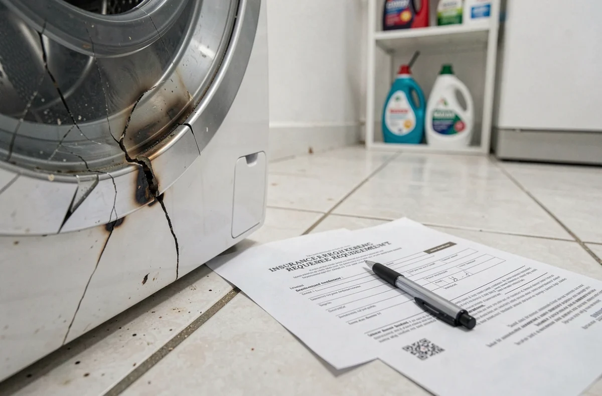 Gros plan sur une porte de lave-linge endommagée posée sur un formulaire de remboursement d'assurance habitation