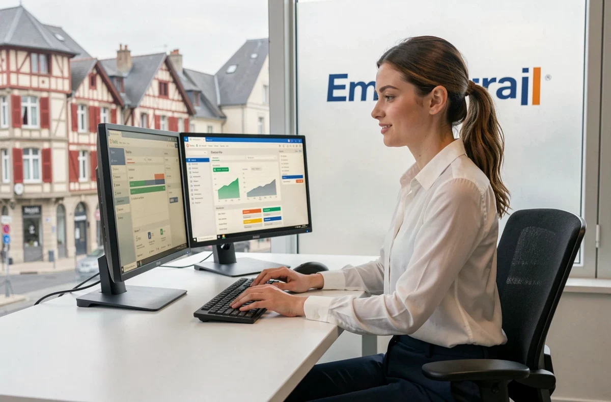 Conseillère Empruntis à Bayonne travaillant sur une simulation de prêt immobilier devant un écran d'ordinateur dans un bureau contemporain