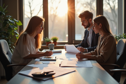 Espace de travail moderne avec conseiller immobilier et couple