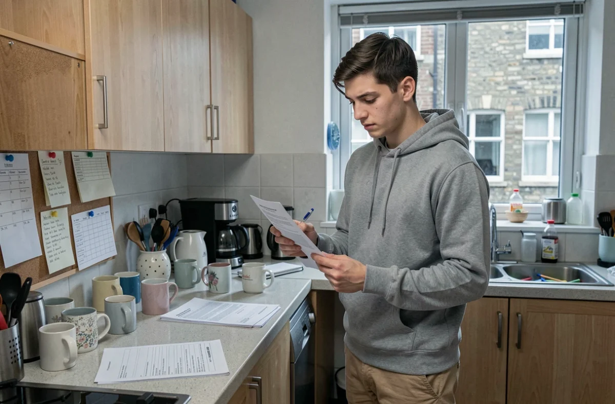 Jeune homme étudiant consultant un formulaire d'assurance dans une cuisine de colocation