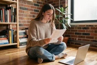 Étudiante lisant un contrat d'assurance habitation dans son appartement étudiant