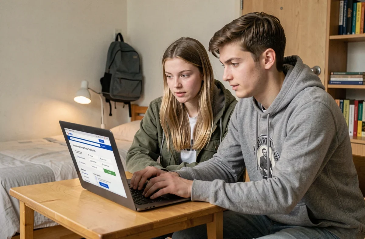 Deux étudiants comparant des offres d'assurance habitation étudiant sur un ordinateur portable