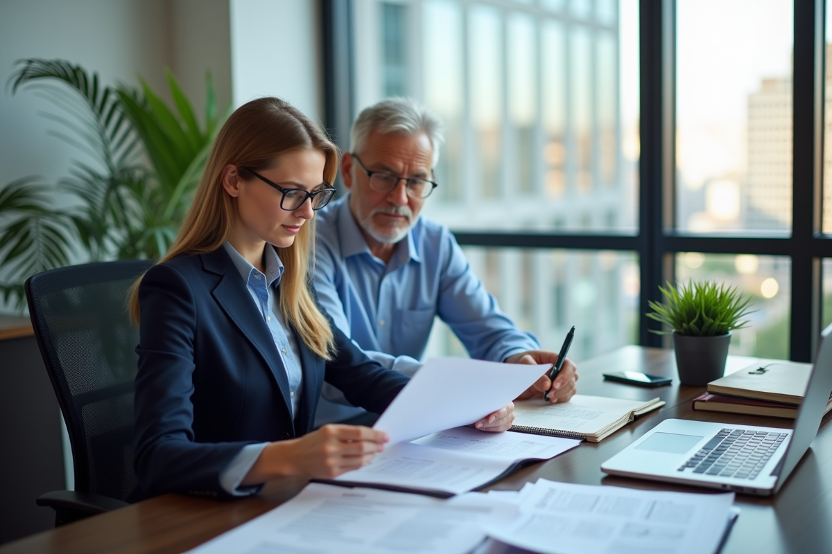 Jeune femme experte en assurance examine un dossier avec un client