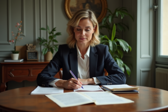 Femme d'affaires française examinant des documents immobiliers