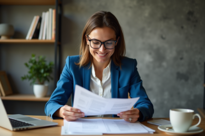 Femme d'affaires examinant des formulaires d'impots à son bureau