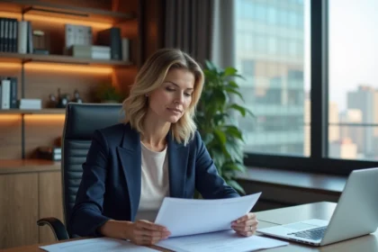 Femme d'affaires en bureau lisant des documents immobiliers