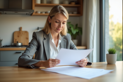 Femme d'affaires examinant des documents immobiliers à la maison