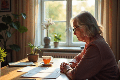 Femme âgée relisant documents de location dans un appartement lumineux