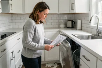 Femme examinant un lave-vaisselle endommagé dans une cuisine moderne en tenant un formulaire d'assurance habitation
