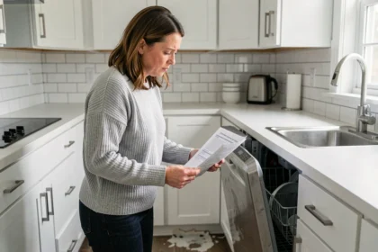 Femme examinant un lave-vaisselle endommagé dans une cuisine moderne en tenant un formulaire d'assurance habitation