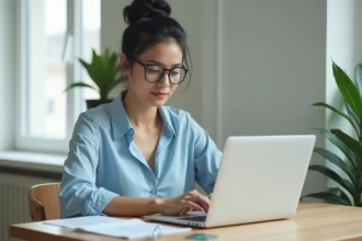 Femme assise à une table avec ordinateur portable dans un appartement lumineux