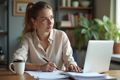 Femme assise à une table de cuisine avec ordinateur et documents