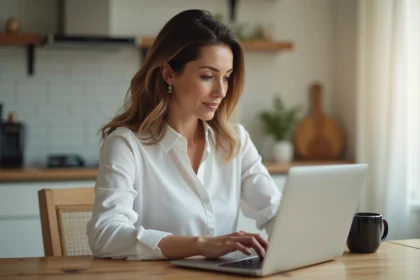 Femme en bureau utilisant un ordinateur pour un portail client
