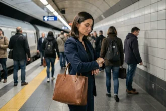 Femme cadre sur le quai du RER C à la gare de Versailles-Rive Gauche lors d'un trajet domicile-travail vers Paris
