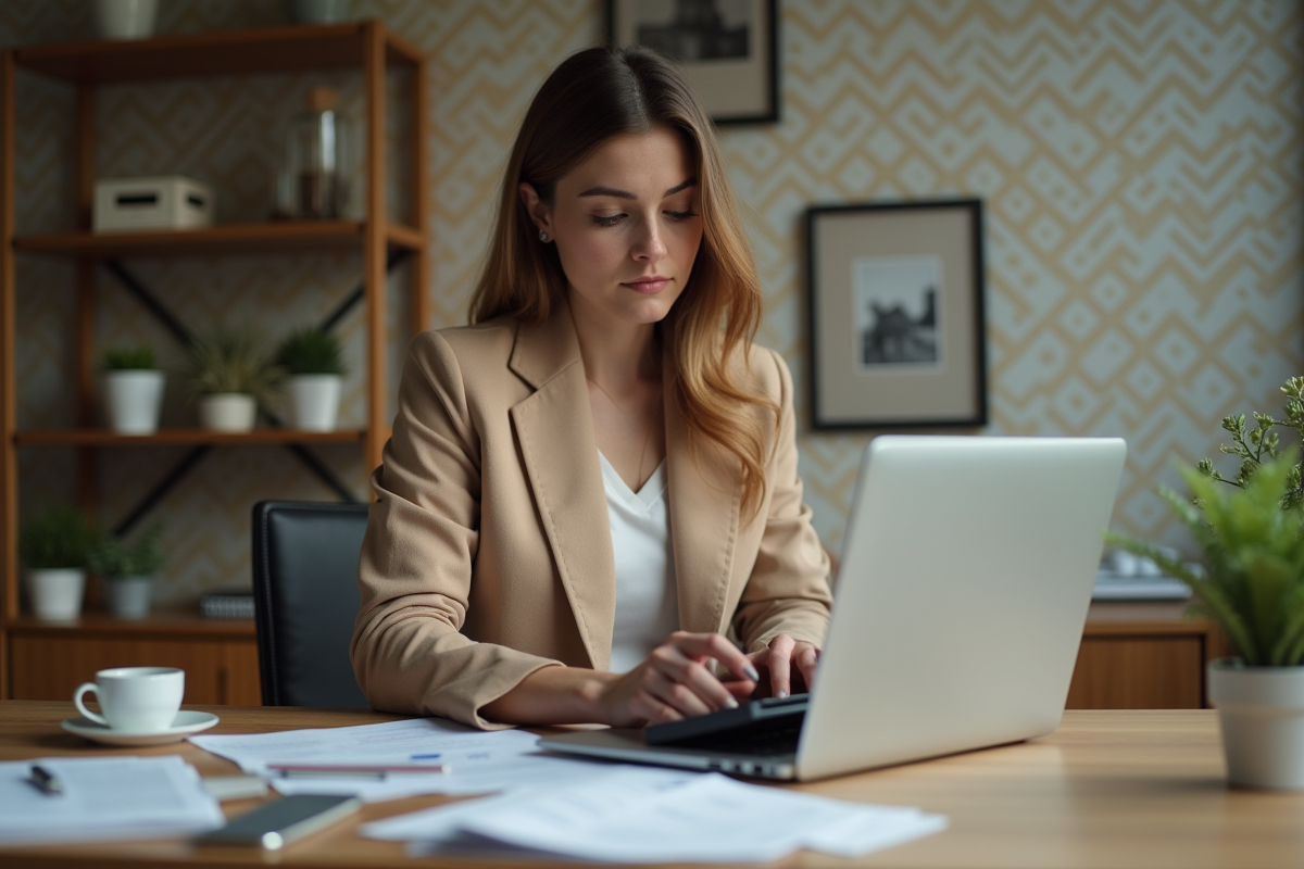 Femme en blazer utilise calculatrice dans un bureau à domicile