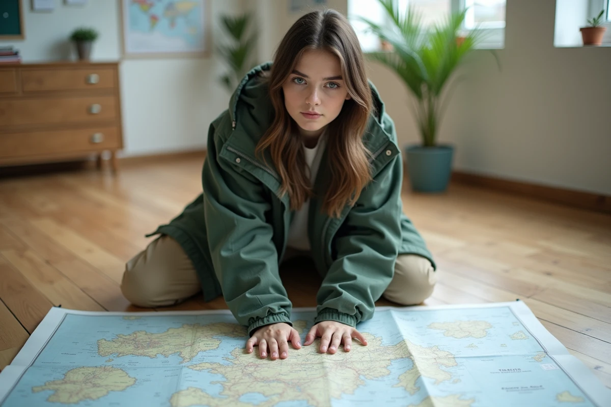 Jeune femme étudiant une carte dans une salle moderne