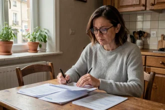 Femme comparant des offres d'assurance habitation à Nevers sur une table en bois dans un appartement français