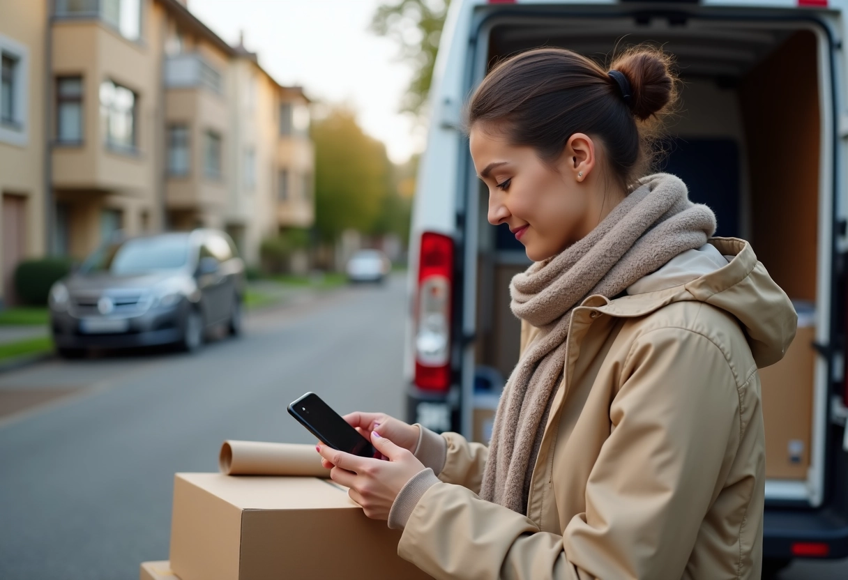 Jeune femme vérifiant les prix sur son smartphone devant un camion de déménagement