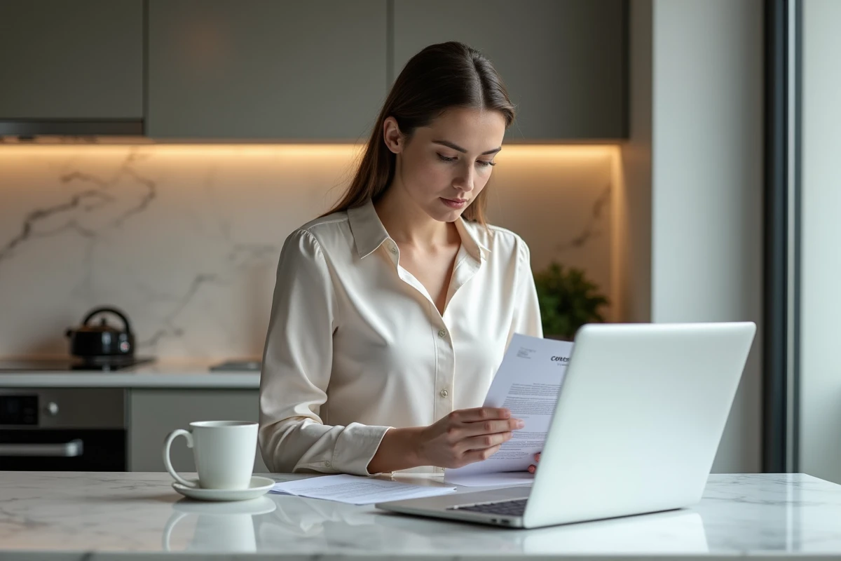 Jeune femme lisant un contrat immobilier dans sa cuisine