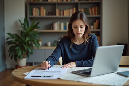 Femme concentrée étudiant un contrat de location dans un appartement lumineux
