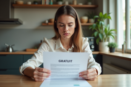 Jeune femme professionnelle examine un contrat dans une cuisine lumineuse