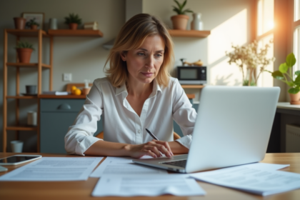 Femme d'âge moyen examine documents d'assurance maison