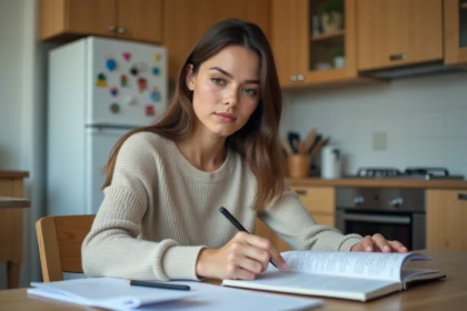 Jeune femme concentrée à la cuisine avec documents