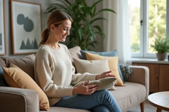 Femme souriante arrangeant des coussins sur un canapé moderne