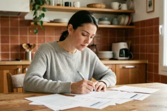 Femme consultant des documents d'assurance habitation multirisque à une table de cuisine moderne