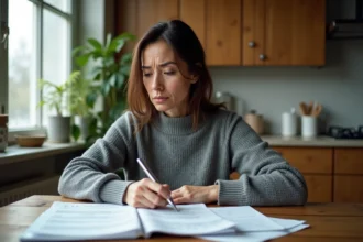Femme consultant des documents de loyer à la table de cuisine pour comprendre ses droits face à un propriétaire défaillant