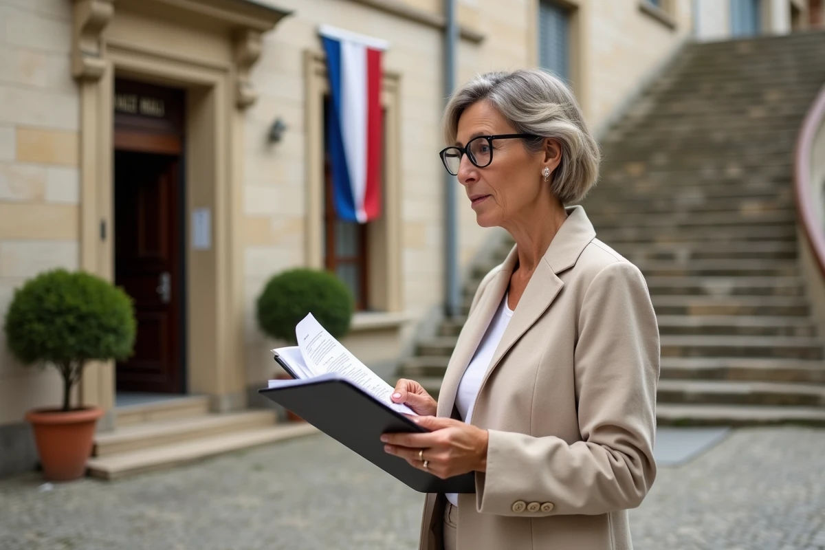 Femme consultant des documents administratifs devant une mairie française pour déclarer une caravane