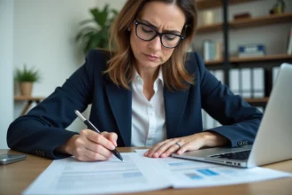 Femme consultant un modèle pré état daté pour une vente immobilière à son bureau