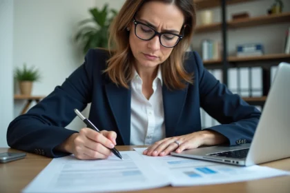 Femme consultant un modèle pré état daté pour une vente immobilière à son bureau