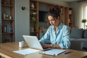 Femme remplissant un formulaire de logement sur son ordinateur