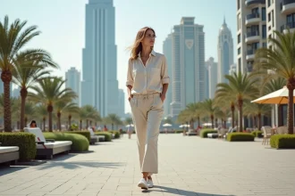 Femme décontractée devant la skyline de Dubai