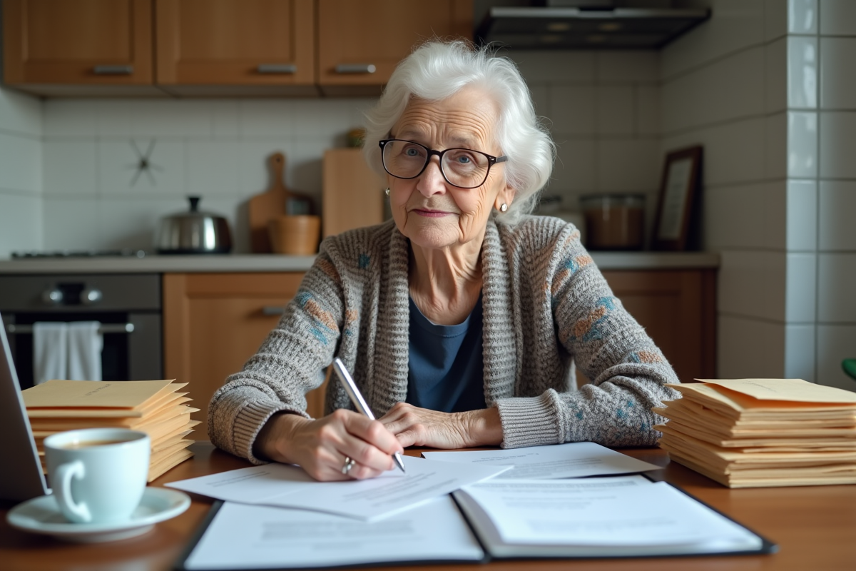 Femme âgée remplissant des documents de déménagement à la cuisine