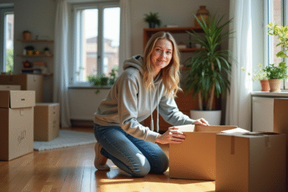 Jeune femme emballant une boîte dans un appartement ensoleille