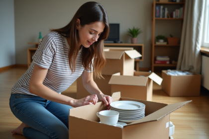 Femme emballant de la vaisselle dans un appartement cosy