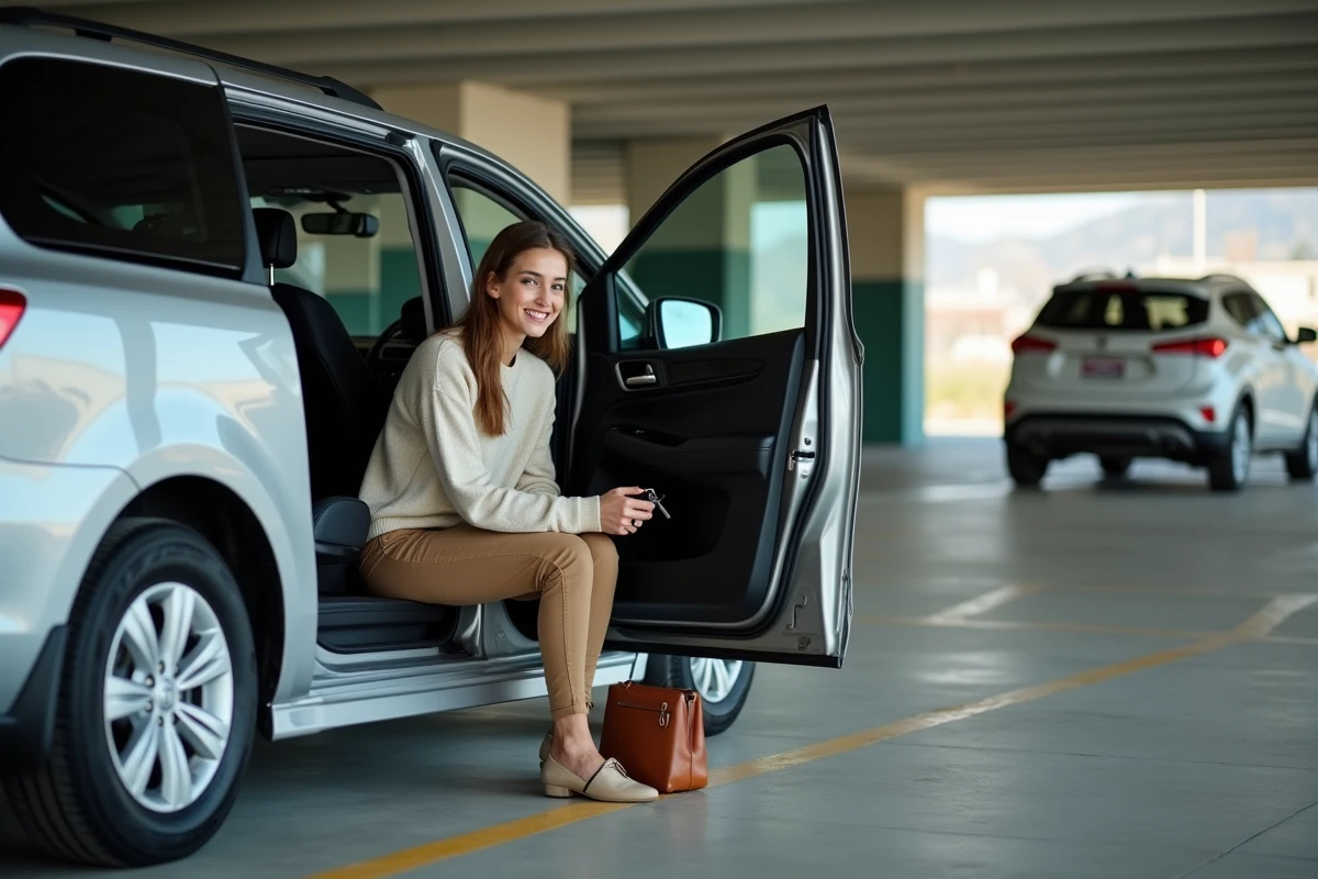 Jeune femme souriante dans une voiture en parking intérieur