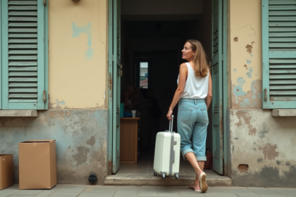 Femme d'âge moyen avec valise devant immeuble ancien