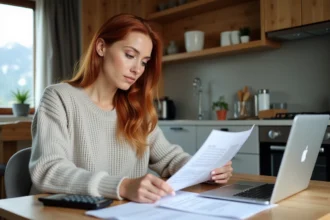 Femme concentrée étudiant des documents immobiliers dans un appartement alpin