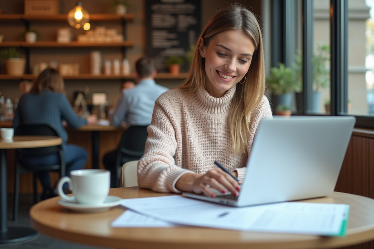 Jeune femme examine documents dans un café moderne