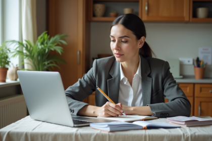 Jeune femme en finances personnelles dans une cuisine moderne