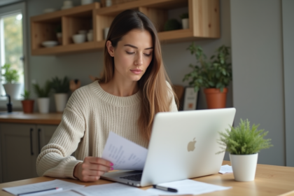 Femme concentrée sur ses documents financiers à la maison