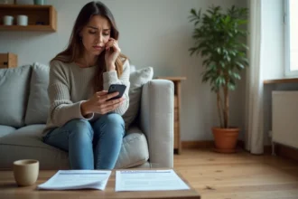 Femme inquiète avec papiers d'assurance dans un salon