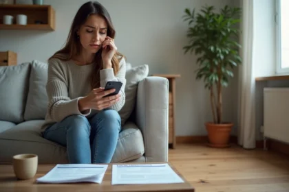 Femme inquiète avec papiers d'assurance dans un salon