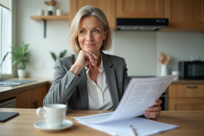 Femme d'âge moyen lisant un document d'assurance logement