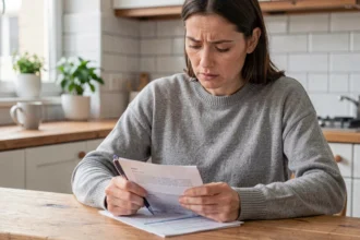 Femme lisant un contrat d'assurance habitation Sogessur à table avant de résilier