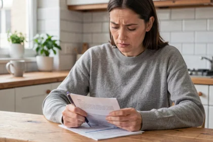 Femme lisant un contrat d'assurance habitation Sogessur à table avant de résilier