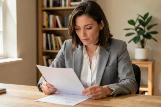Femme lisant une lettre de résiliation avec certificat médical sur un bureau en bois dans un bureau à domicile